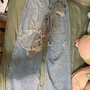 American Eagle Outfitters Light Wash Distressed Wide-Leg Jeans